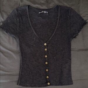 Abercrombie & Fitch Black Ribbed Short-Sleeve Button Front Top
